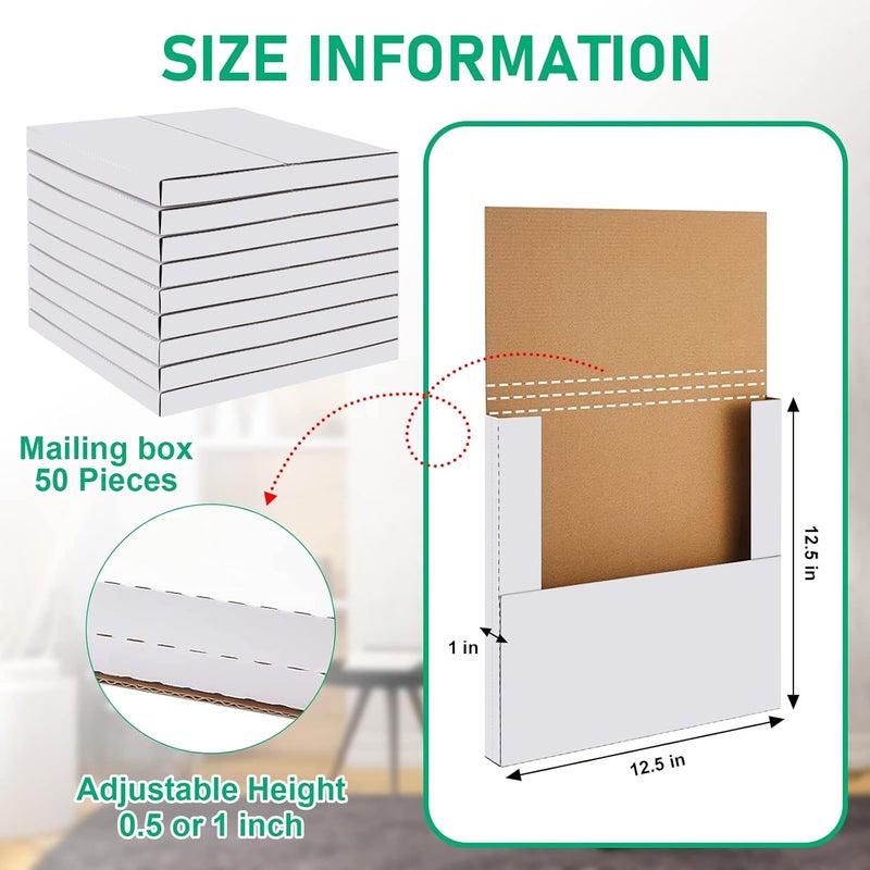 YZtree 50 Pack Vinyl Record Shipping Boxes: 12.5" X 12.5" x 1" White Vinyl Record LP Shipping Mailer Boxes, Easy Fold LP Cardboard Mailing Boxes Multi Depth Album Mailers for Packaging Moving Storage - Image 2